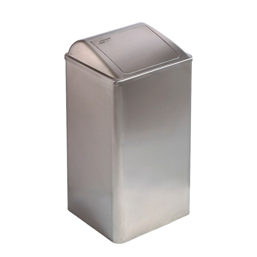 Hospeco 65L stainless steel waste receptacle with a self-closing lid for high-traffic public restrooms.
