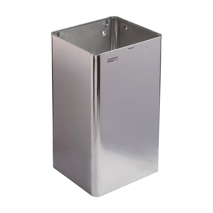 Hospeco 65L stainless steel waste receptacle with a bright finish for high-traffic public restrooms.