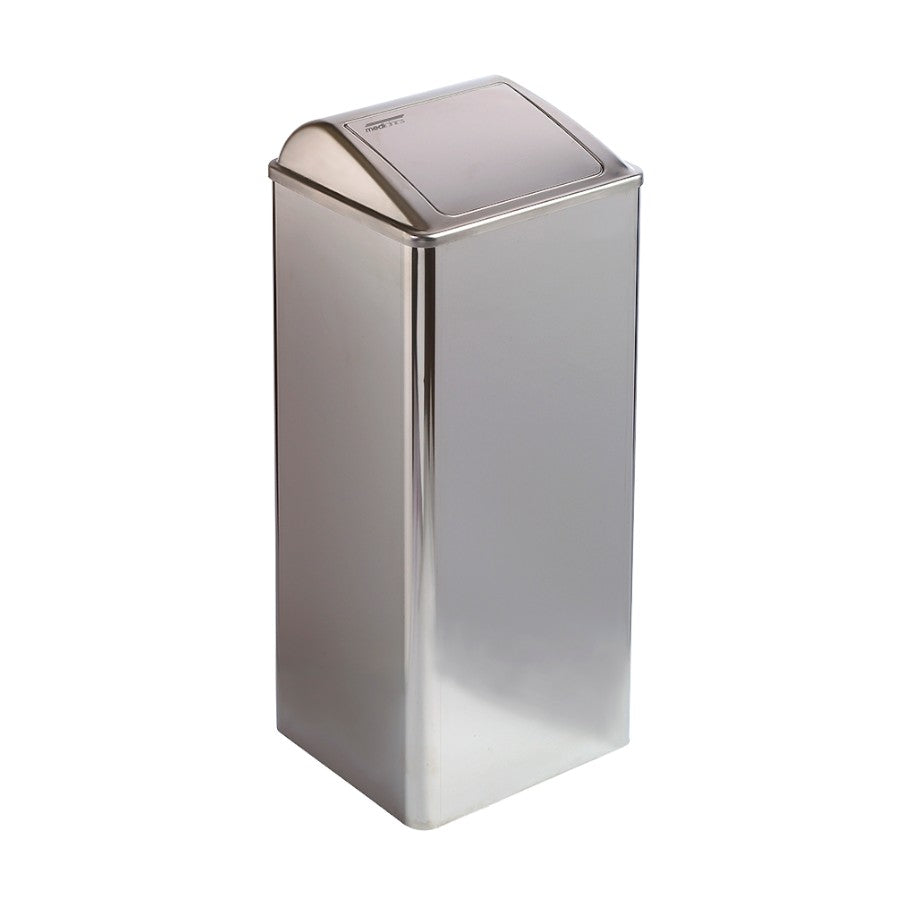Hospeco 80L stainless steel waste receptacle with a bright finish and a self-closing lid for public restrooms.