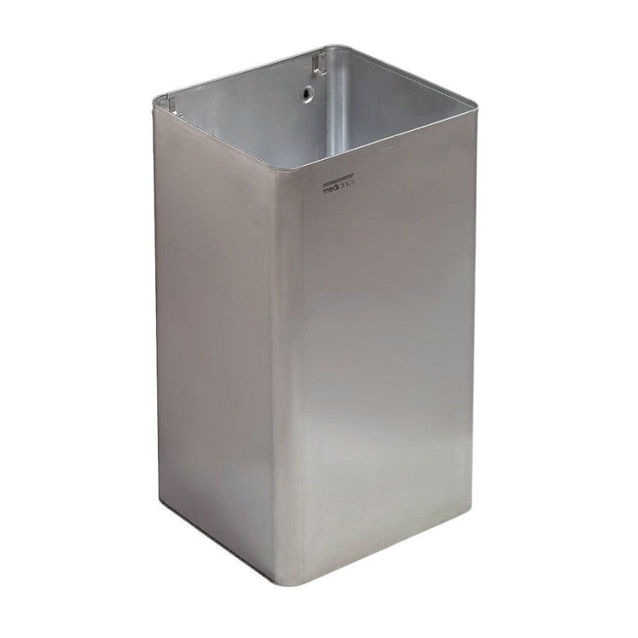 Hospeco 65L stainless steel waste receptacle with a satin finish, designed for high-traffic public restrooms.