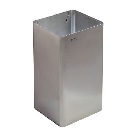 Hospeco 65L stainless steel waste receptacle with a satin finish, designed for high-traffic public restrooms.