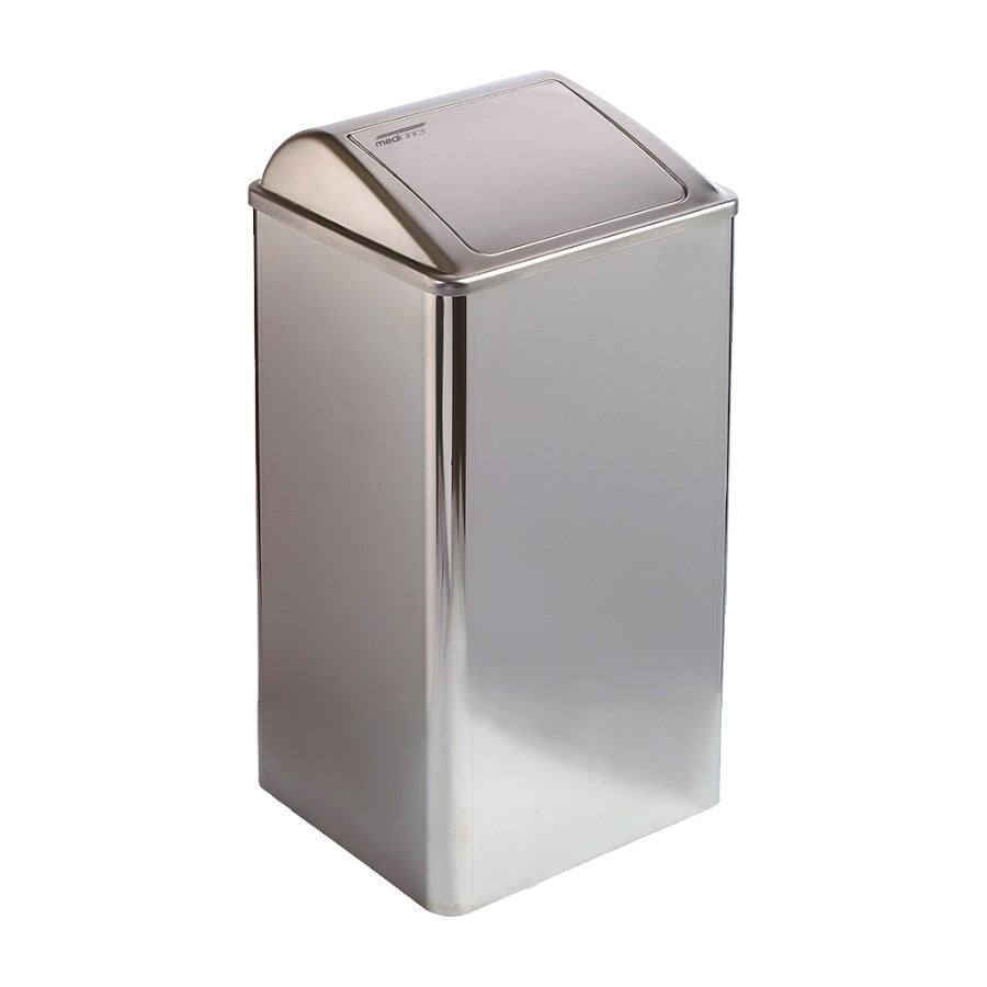 Hospeco 65L stainless steel waste receptacle with a satin finish and a self-closing lid for public restrooms.