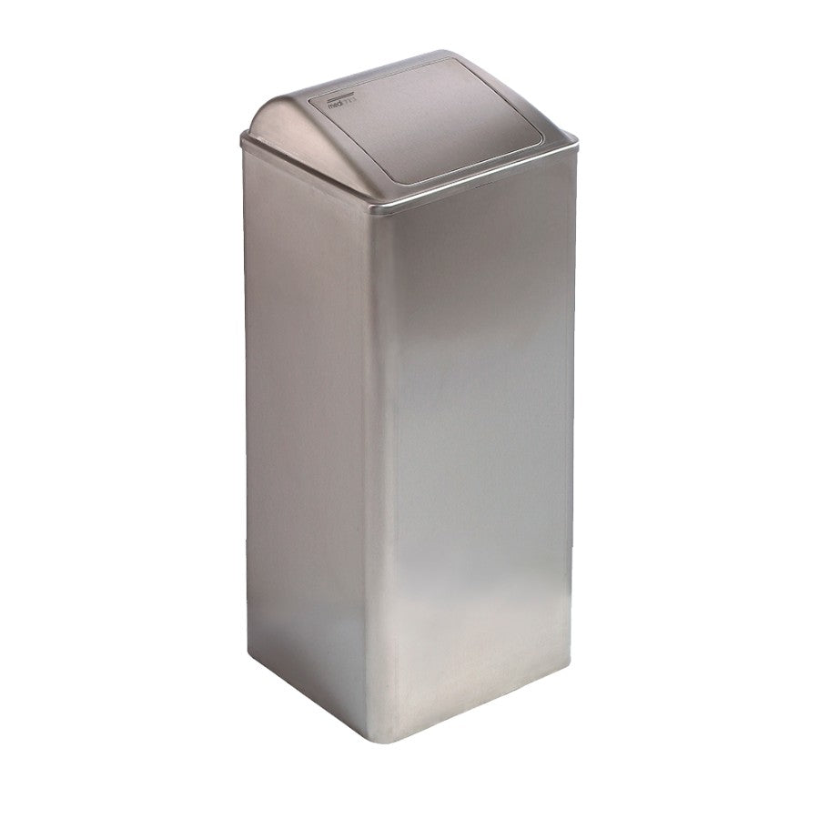 Hospeco 80L stainless steel waste receptacle with a satin finish and a self-closing lid for high-traffic areas.