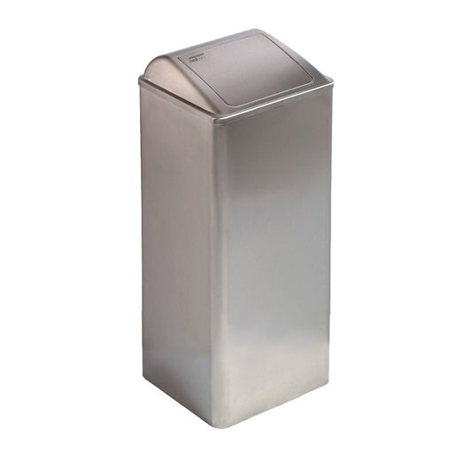 Hospeco 80L stainless steel waste receptacle with a satin finish and a self-closing lid for high-traffic areas.