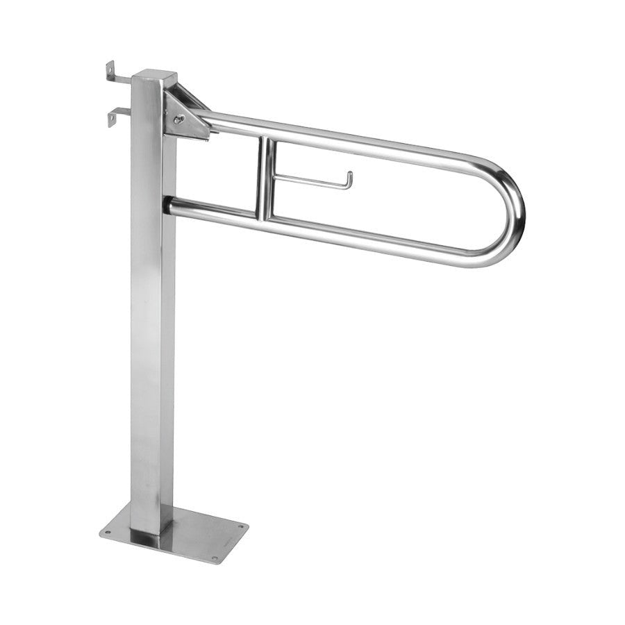 Hospeco Mediclinics stainless steel swing-up grab bar with fixed floor column and integrated toilet paper holder.