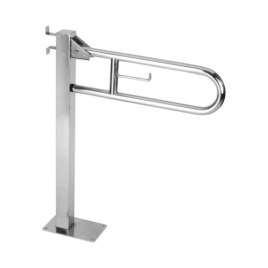 Hospeco Mediclinics stainless steel swing-up grab bar with fixed floor column and integrated toilet paper holder.