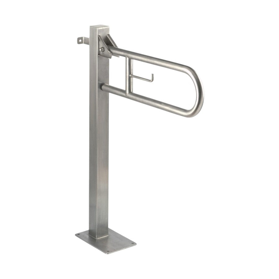 Hospeco Mediclinics swing-up stainless steel grab bar with fixed floor column and integrated toilet paper holder.