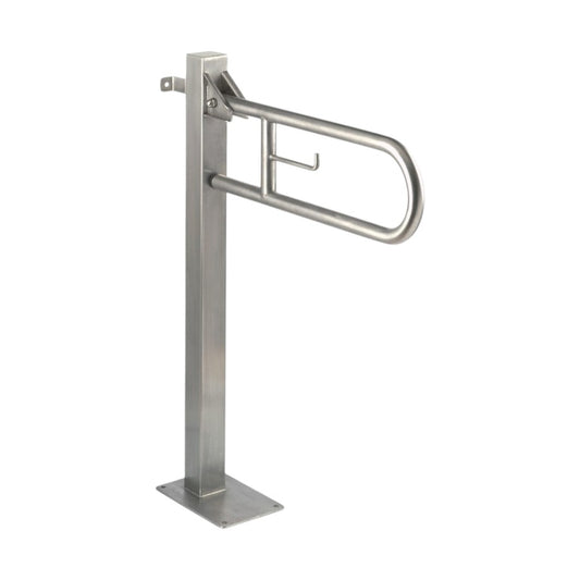 Hospeco Mediclinics swing-up stainless steel grab bar with fixed floor column and integrated toilet paper holder.