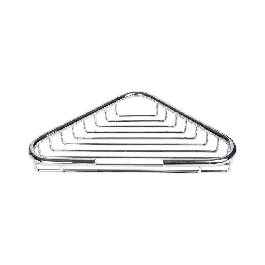 Hospeco triangular chrome-plated brass soap dish with a modern wire rack design for wall mounting.
