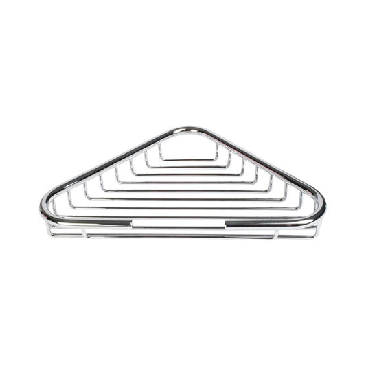 Hospeco triangular chrome-plated brass soap dish with a modern wire rack design for wall mounting.