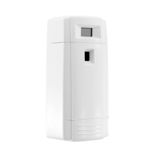 Hospeco mini aerosol air freshener digital dispenser in white plastic with a small LCD screen and spray nozzle