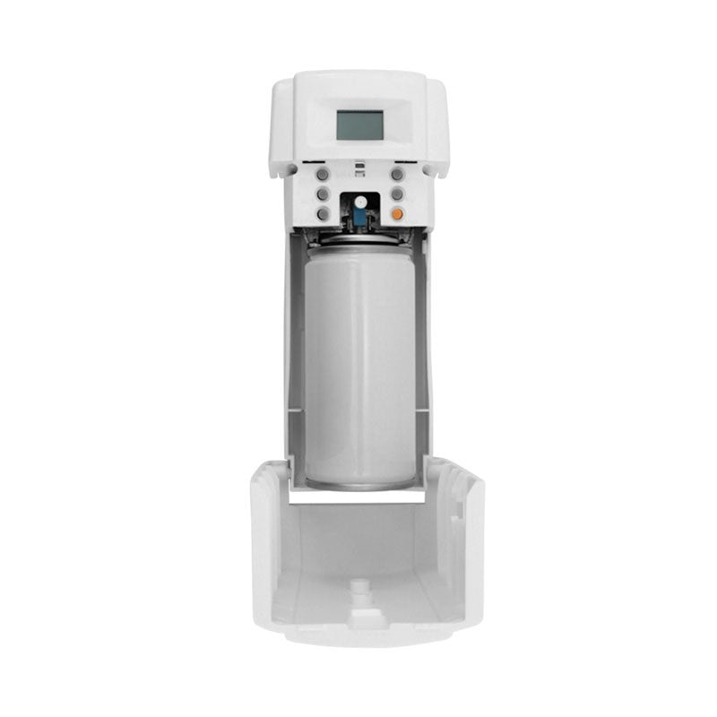 Hospeco white plastic mini aerosol air freshener digital dispenser with open cover showing internal canister