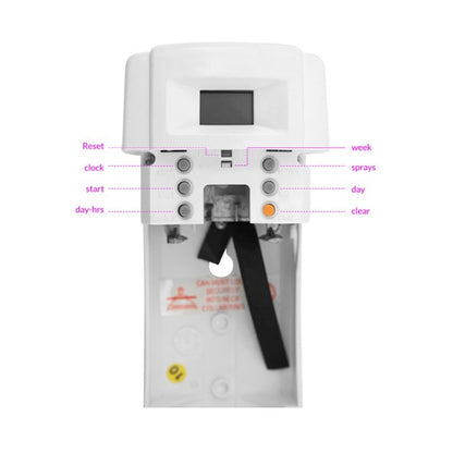 Hospeco white plastic digital aerosol air freshener dispenser with programmable buttons and LCD screen