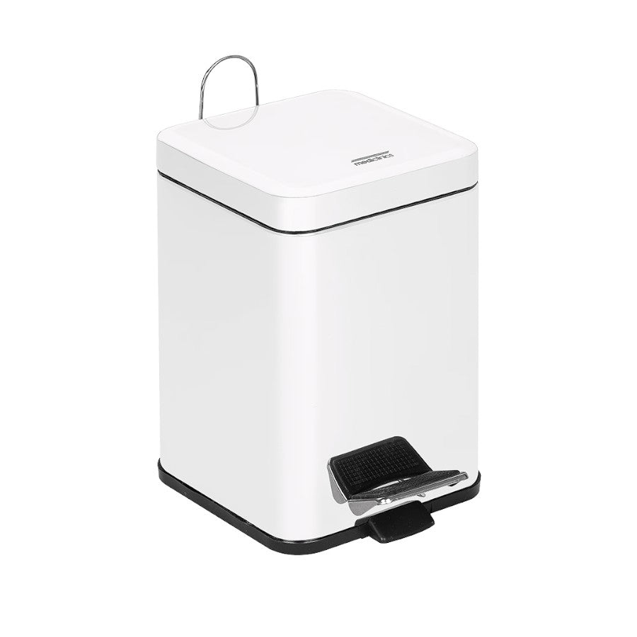 Hospeco 6L white square steel pedal bin with self-closing lid, carrying handle, and anti-skid base for bathrooms.