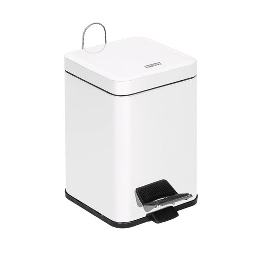 Hospeco 6L white square steel pedal bin with self-closing lid, carrying handle, and anti-skid base for bathrooms.