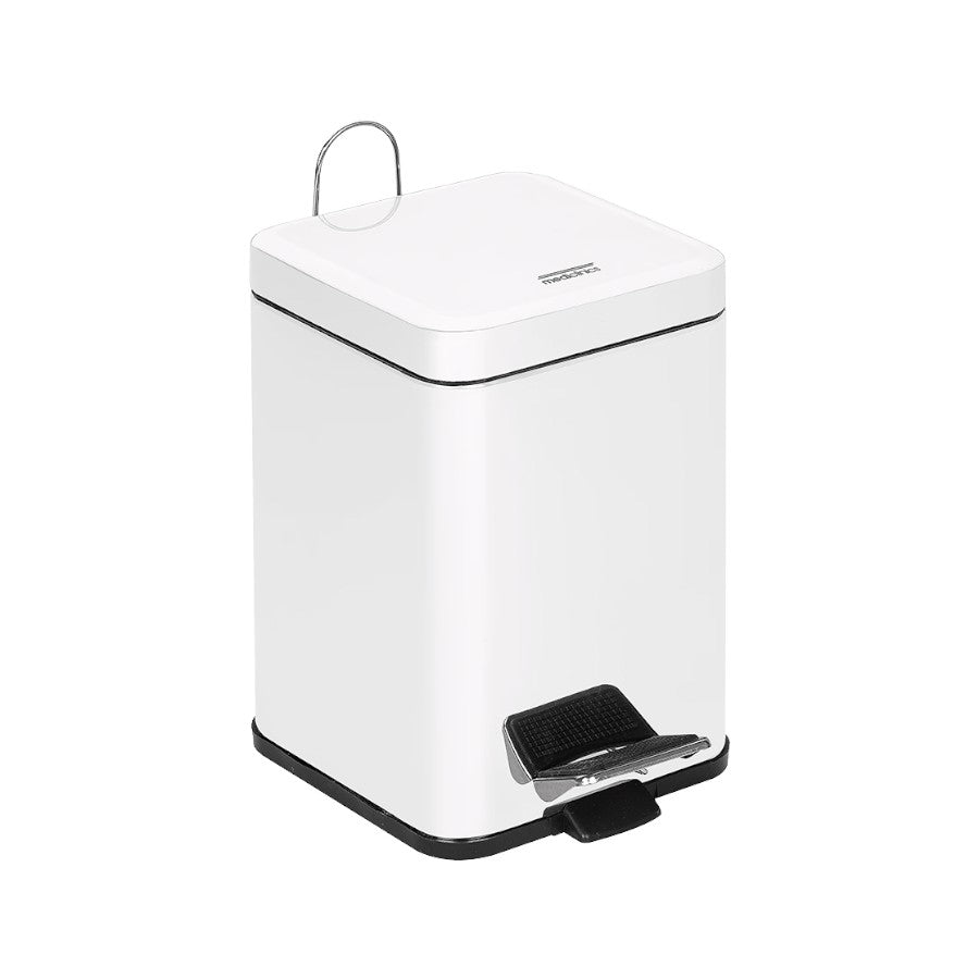 Hospeco white square steel pedal bin with hands-free lid, inner liner, and anti-skid base for commercial use.