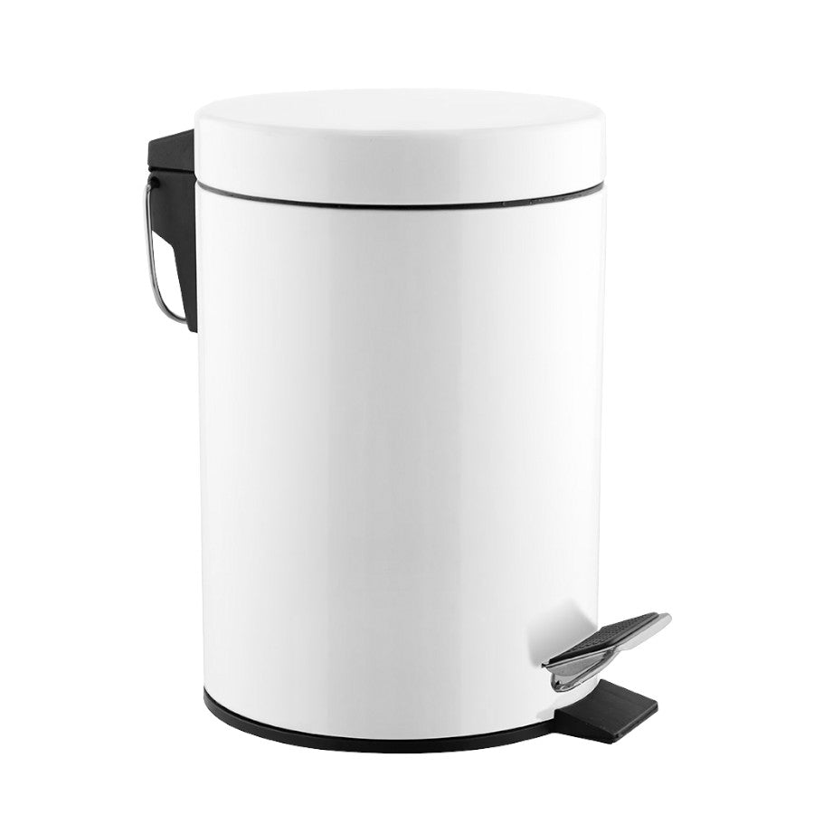 Hospeco 3L white epoxy steel pedal bin with a silent closing lid and sturdy carrying handle for washrooms