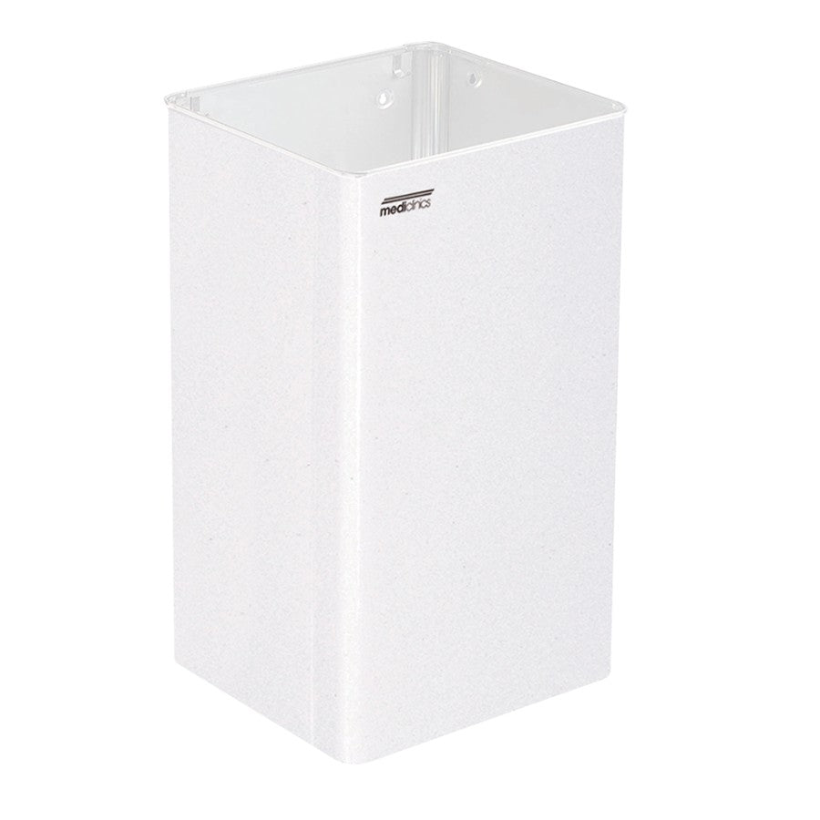 Hospeco 65L white epoxy steel waste receptacle for public restrooms, wall-mountable or floor-standing design.