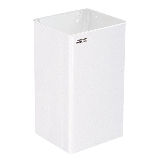 Hospeco 65L white epoxy steel waste receptacle for public restrooms, wall-mountable or floor-standing design.