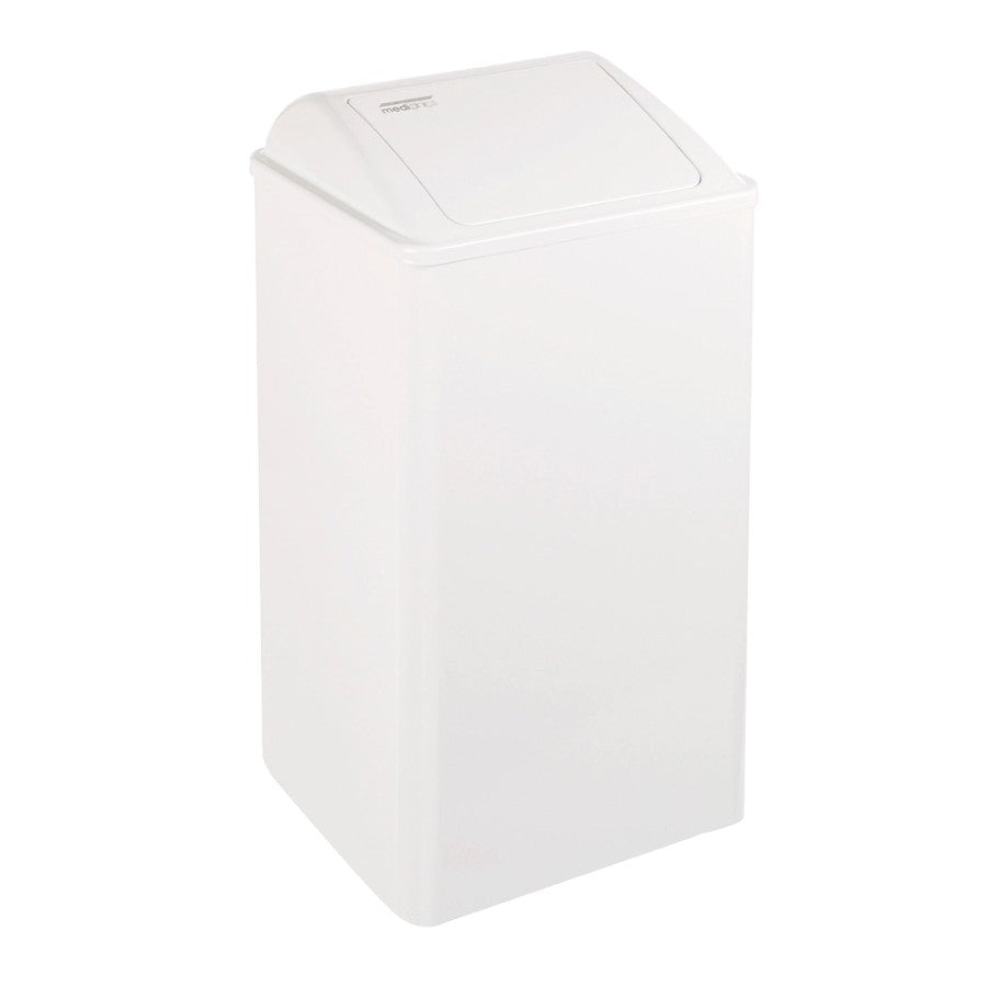 Hospeco 65L white epoxy steel waste receptacle with a self-closing lid for high-traffic public restrooms.
