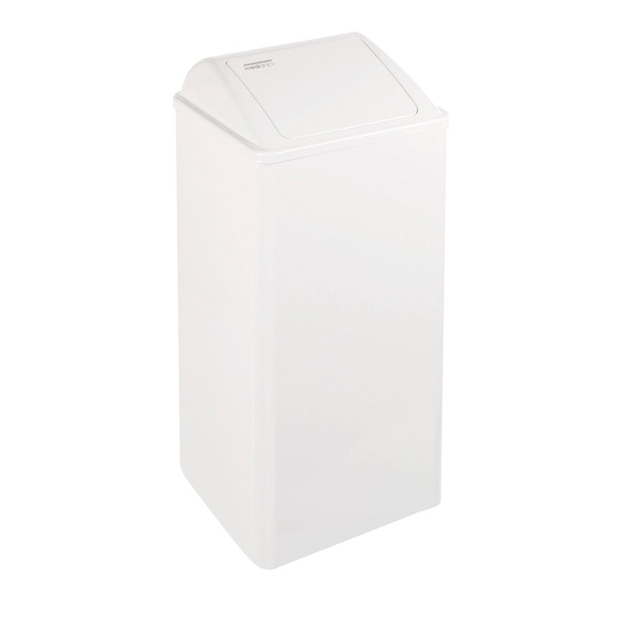 Hospeco 80L white steel waste receptacle with a self-closing lid for high-traffic public restrooms.