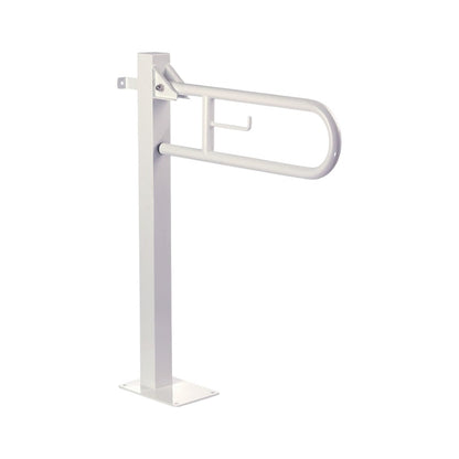 Hospeco white swing-up grab bar with fixed floor column and integrated toilet paper holder for accessible bathrooms.