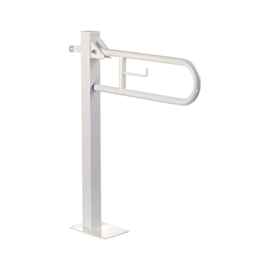 Hospeco white swing-up grab bar with fixed floor column and integrated toilet paper holder for accessible bathrooms.