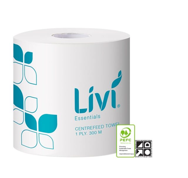 1203_Roll_Livi Essentials_Centrefeed Hand Towel 1Ply 300m_PEFC-HACCP