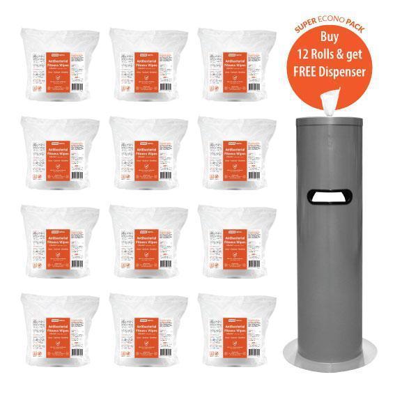 Extra Antibacterial Fitness Wipes + Free Floor Standing Metal Dispenser with Disposal Bin – 12 Roll