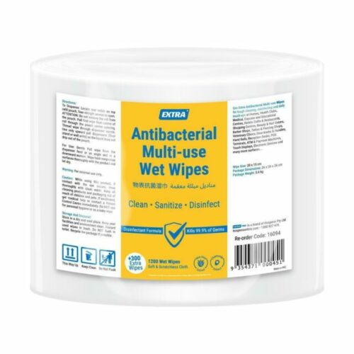 Extra Antibacterial Multi-Use Wet Wipes, 1200 Sheets