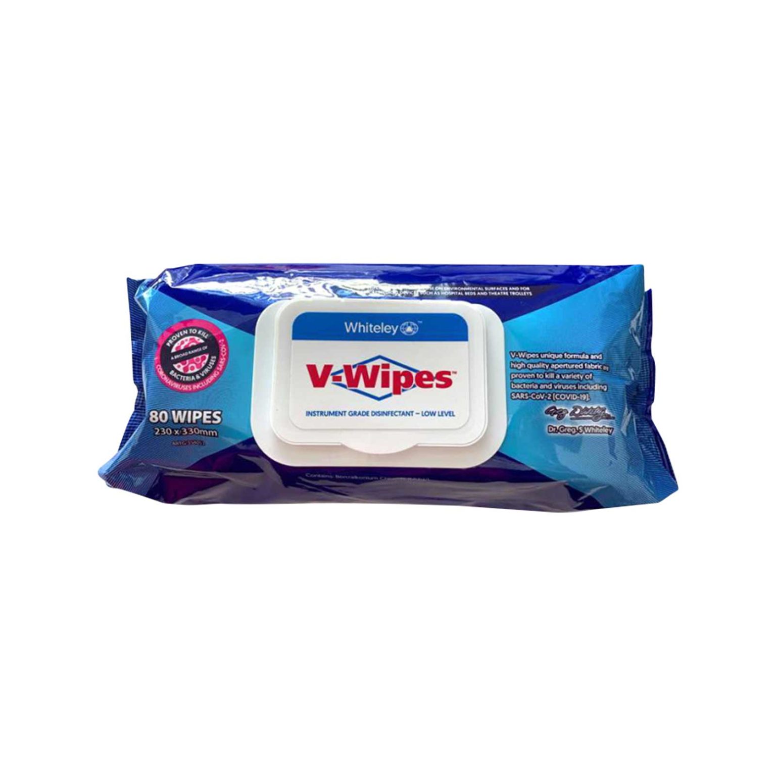 WC-210634-Whiteley-V-Wipes-Instrument-Grade-Disinfectant-Low-Level-pH-Neutral-Non-Corrosive-Front-80-Wipes